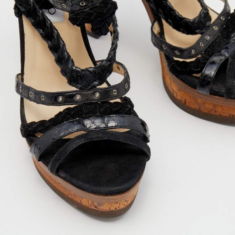 Pre Owned Jimmy Choo Black Watersnake and Calf Hair Strappy Platform Sandals Size 37.5