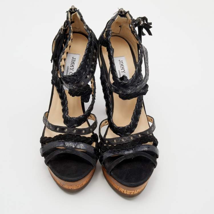 Pre Owned Jimmy Choo Black Watersnake and Calf Hair Strappy Platform Sandals Size 37.5