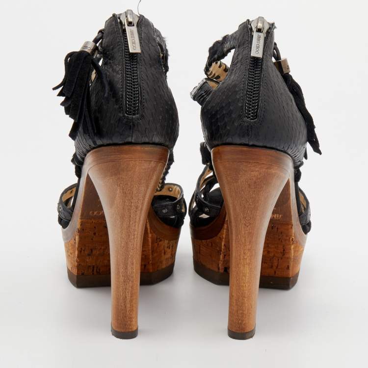 Pre Owned Jimmy Choo Black Watersnake and Calf Hair Strappy Platform Sandals Size 37.5