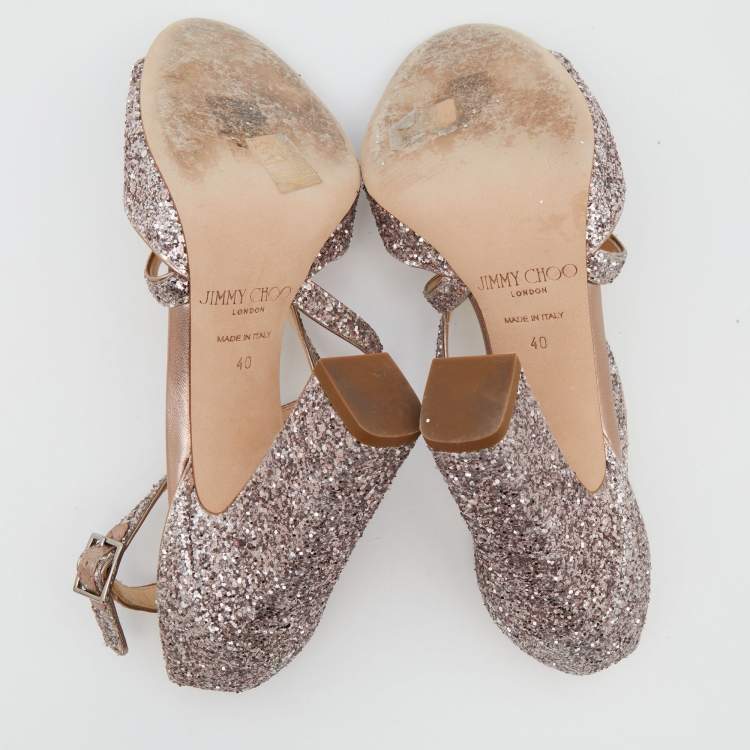 Pre Owned Jimmy Choo Metallic Rose Gold Coarse Glitter Carrie Cross Strap Ankle Sandals Size 40