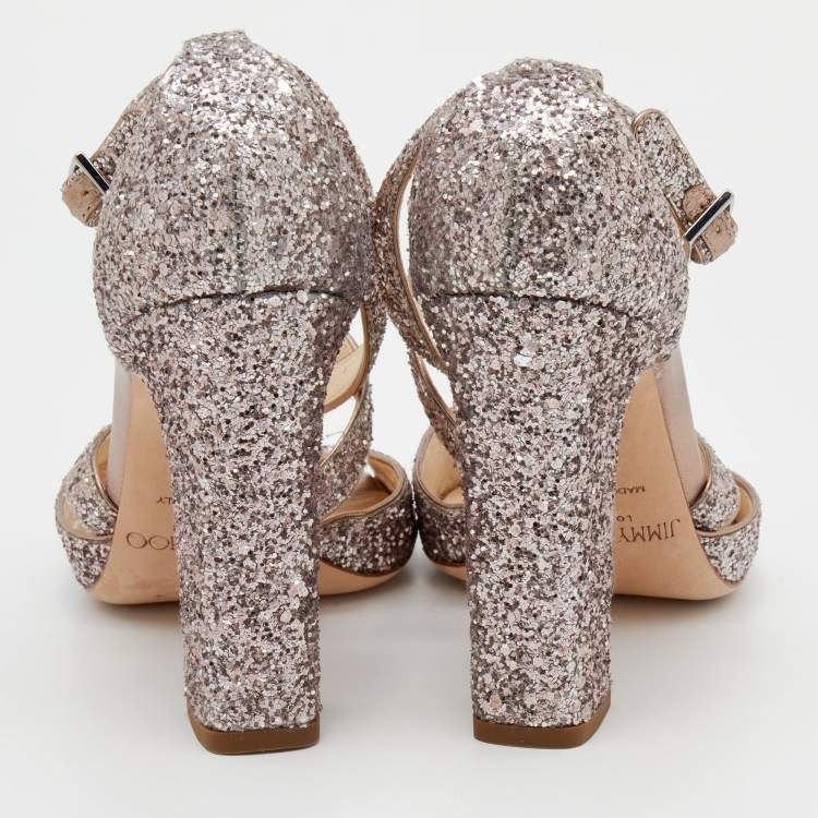 Pre Owned Jimmy Choo Metallic Rose Gold Coarse Glitter Carrie Cross Strap Ankle Sandals Size 40