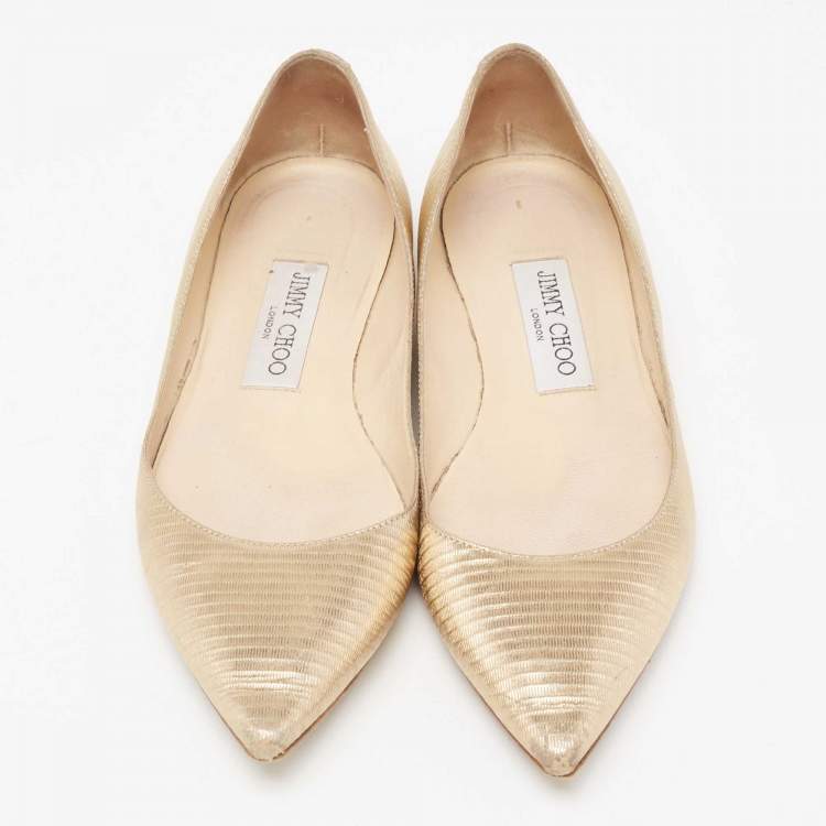 Pre Owned Jimmy Choo Gold Leather Pointed Toe Ballet Flats Size 36 