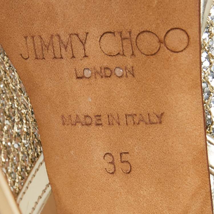 Pre Owned Jimmy Choo Gold Glitter And Leather Lance Strappy Sandals Size 35