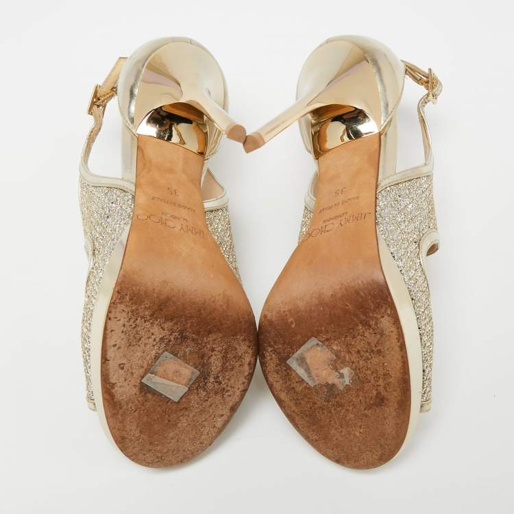Pre Owned Jimmy Choo Gold Glitter And Leather Lance Strappy Sandals Size 35