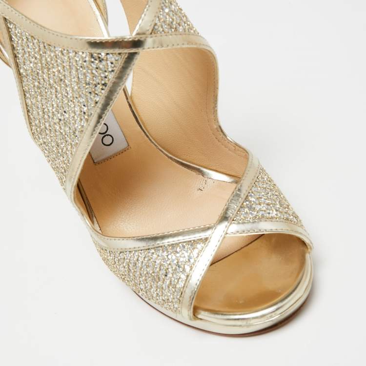 Pre Owned Jimmy Choo Gold Glitter And Leather Lance Strappy Sandals Size 35