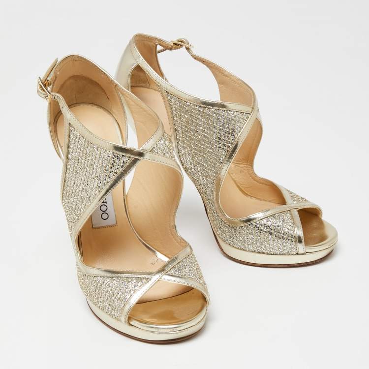 Pre Owned Jimmy Choo Gold Glitter And Leather Lance Strappy Sandals Size 35
