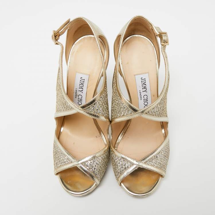 Pre Owned Jimmy Choo Gold Glitter And Leather Lance Strappy Sandals Size 35