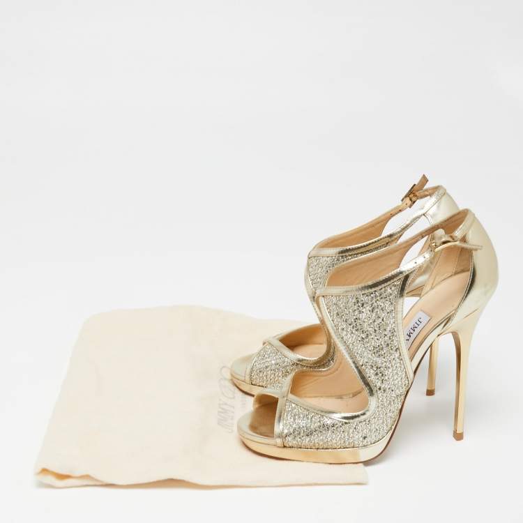 Pre Owned Jimmy Choo Gold Glitter And Leather Lance Strappy Sandals Size 35