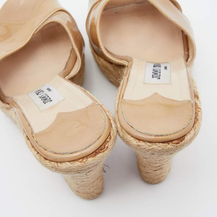 Pre Owned Jimmy Choo Beige Patent Leather Espadrille Platform Wedge Sandals Size 38