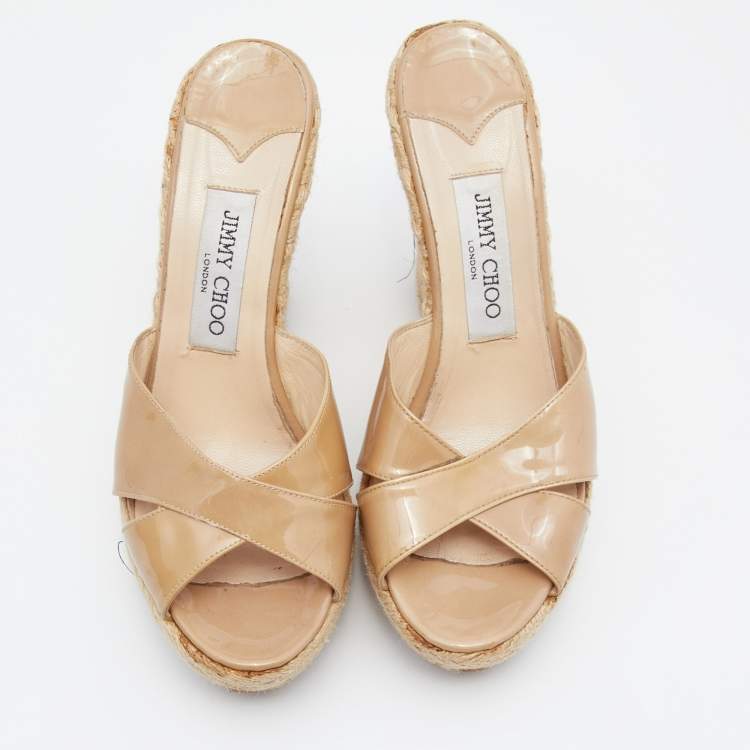 Pre Owned Jimmy Choo Beige Patent Leather Espadrille Platform Wedge Sandals Size 38