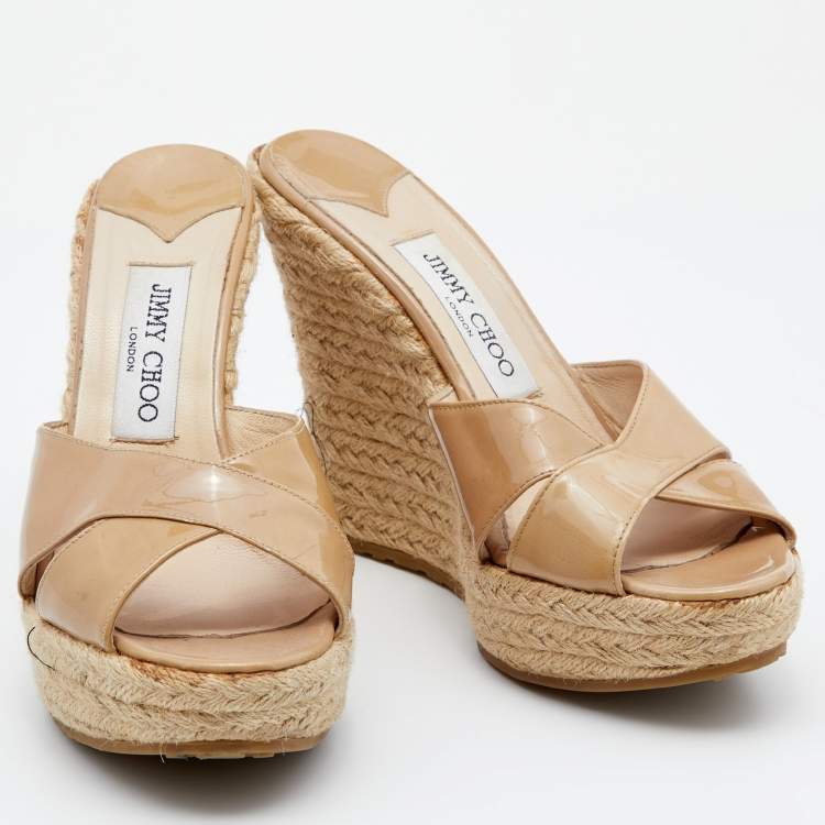 Pre Owned Jimmy Choo Beige Patent Leather Espadrille Platform Wedge Sandals Size 38