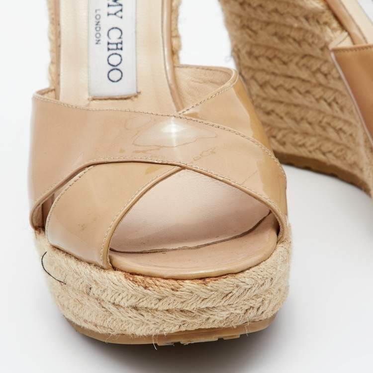 Pre Owned Jimmy Choo Beige Patent Leather Espadrille Platform Wedge Sandals Size 38