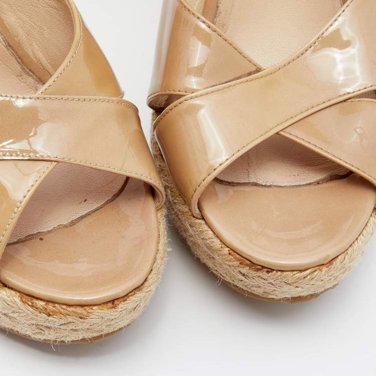 Pre Owned Jimmy Choo Beige Patent Leather Espadrille Platform Wedge Sandals Size 38