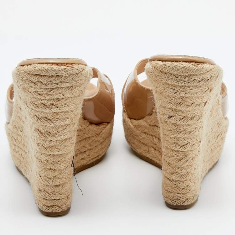 Pre Owned Jimmy Choo Beige Patent Leather Espadrille Platform Wedge Sandals Size 38