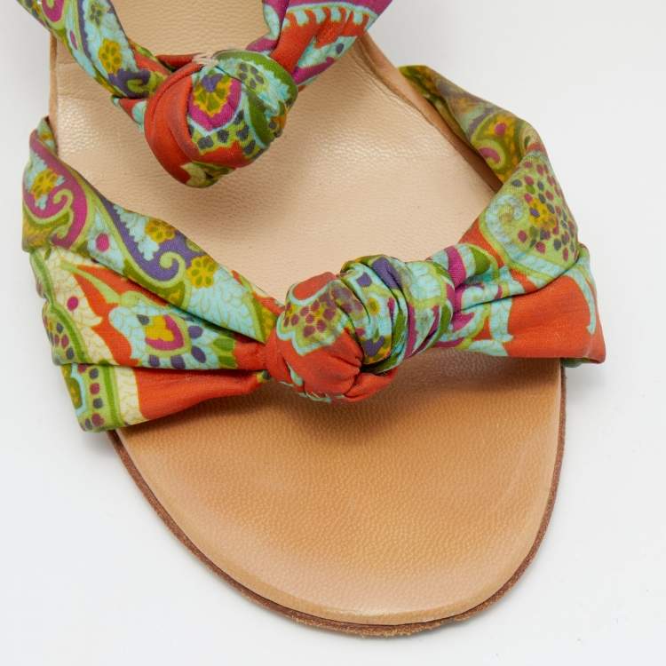 Pre Owned Jimmy Choo Multicolor Floral Print Satin Kris Knot Slide Sandals Size 39.5