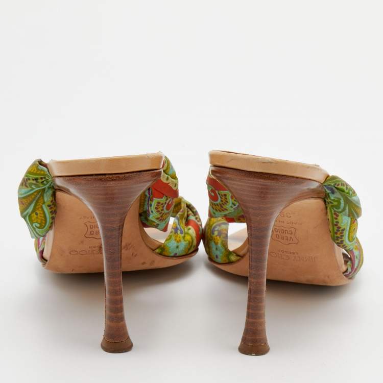 Pre Owned Jimmy Choo Multicolor Floral Print Satin Kris Knot Slide Sandals Size 39.5