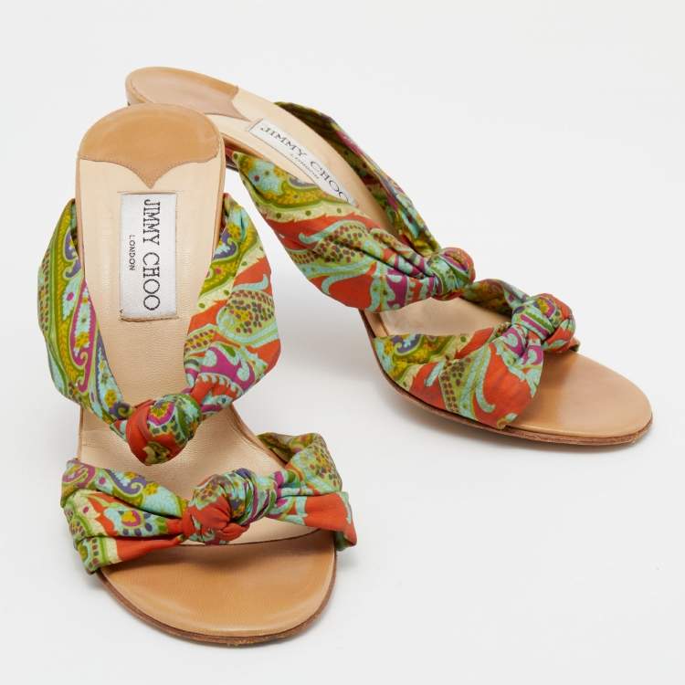 Pre Owned Jimmy Choo Multicolor Floral Print Satin Kris Knot Slide Sandals Size 39.5