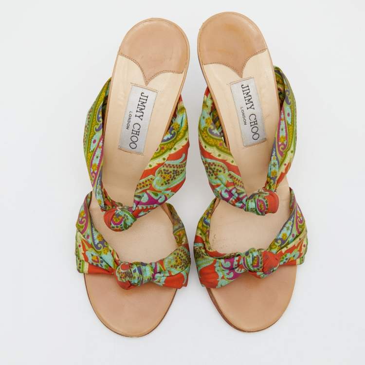 Pre Owned Jimmy Choo Multicolor Floral Print Satin Kris Knot Slide Sandals Size 39.5
