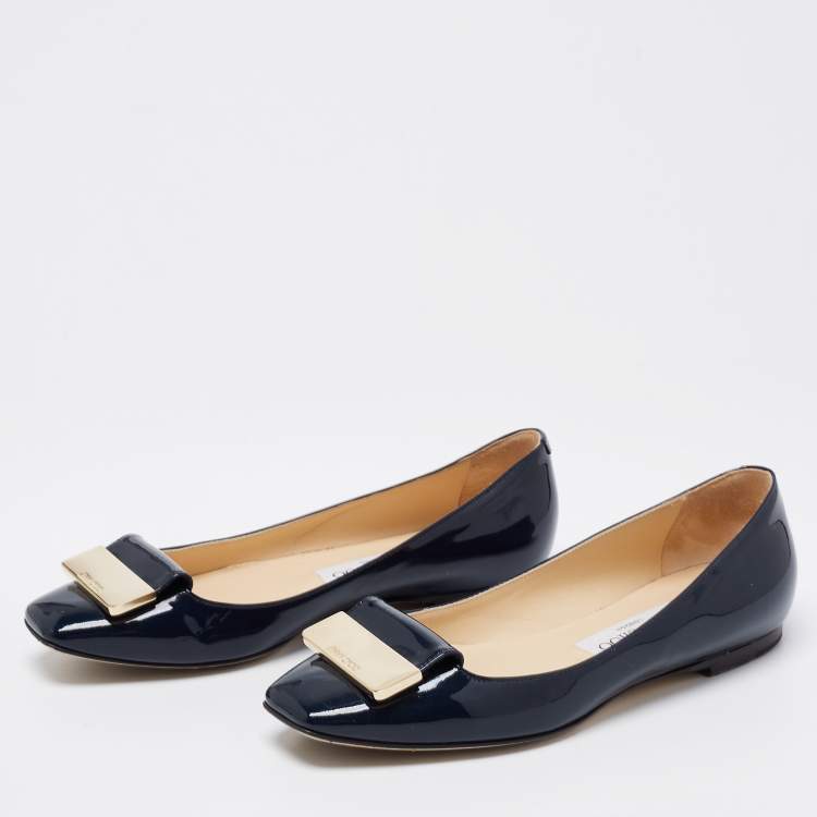 مملوكة مسبقًا Jimmy Choo Navy Blue Patent Leather Harlow Ballet Flats Size 35.5
