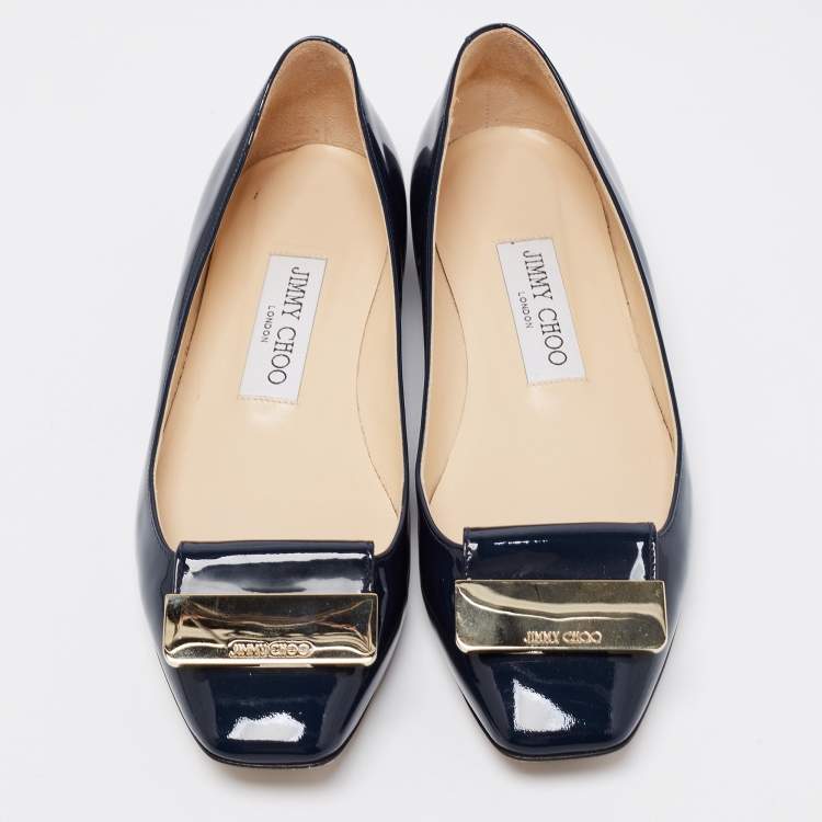 مملوكة مسبقًا Jimmy Choo Navy Blue Patent Leather Harlow Ballet Flats Size 35.5