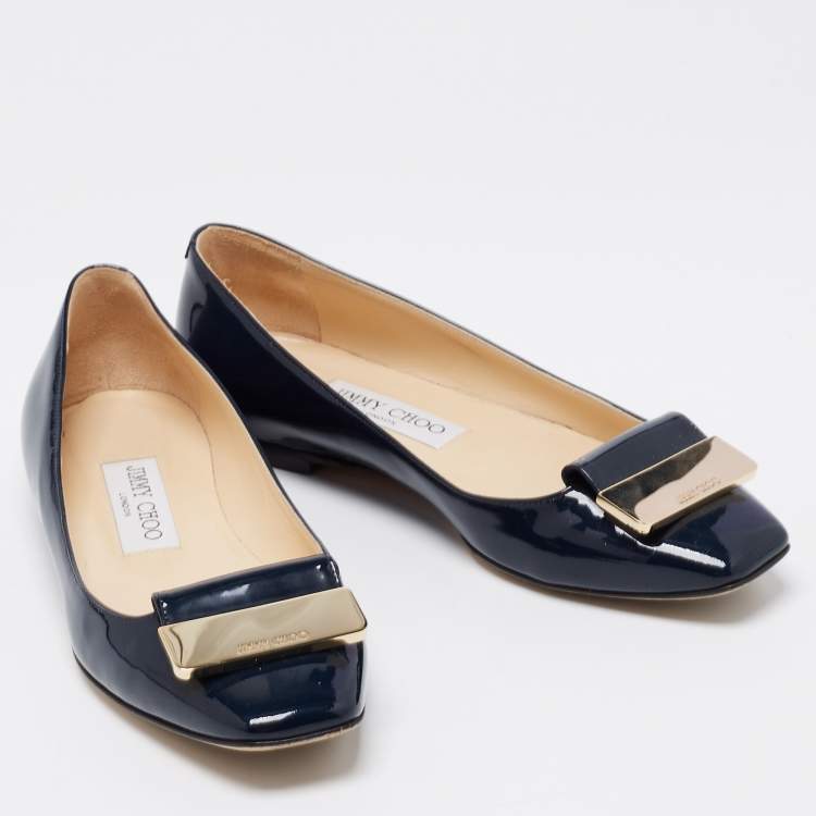 مملوكة مسبقًا Jimmy Choo Navy Blue Patent Leather Harlow Ballet Flats Size 35.5
