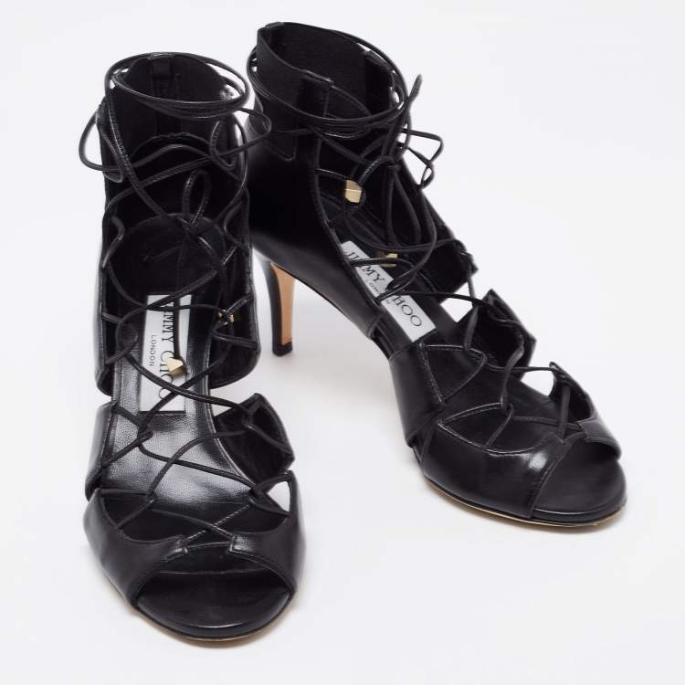 Pre Owned Jimmy Choo Black Leather Myrtle 65 Lace Up Sandals Size 35.5
