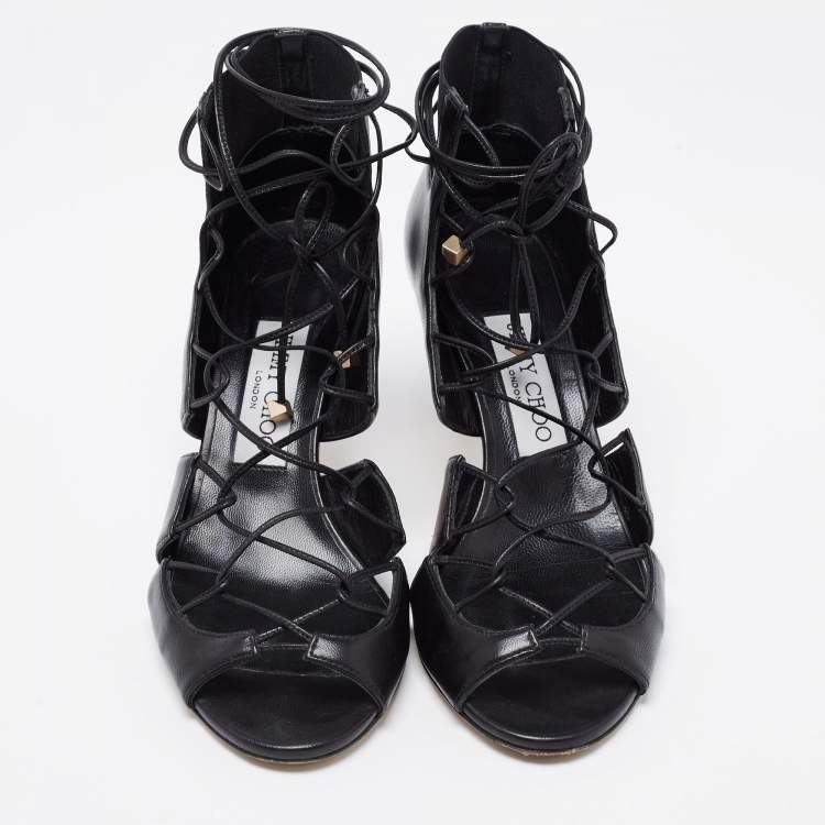 Pre Owned Jimmy Choo Black Leather Myrtle 65 Lace Up Sandals Size 35.5