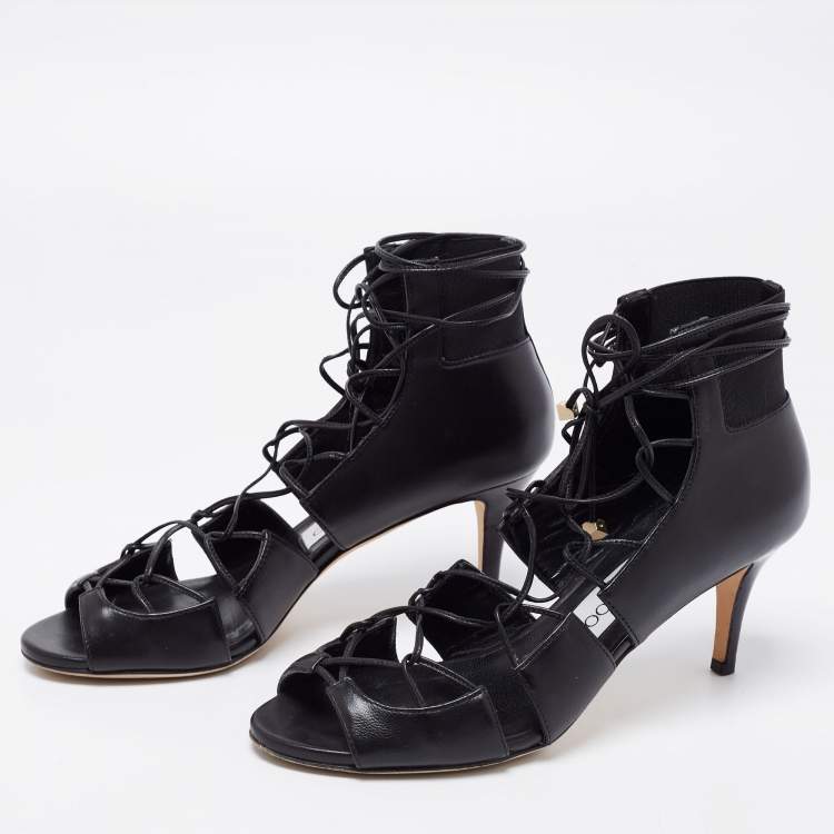 Pre Owned Jimmy Choo Black Leather Myrtle 65 Lace Up Sandals Size 35.5