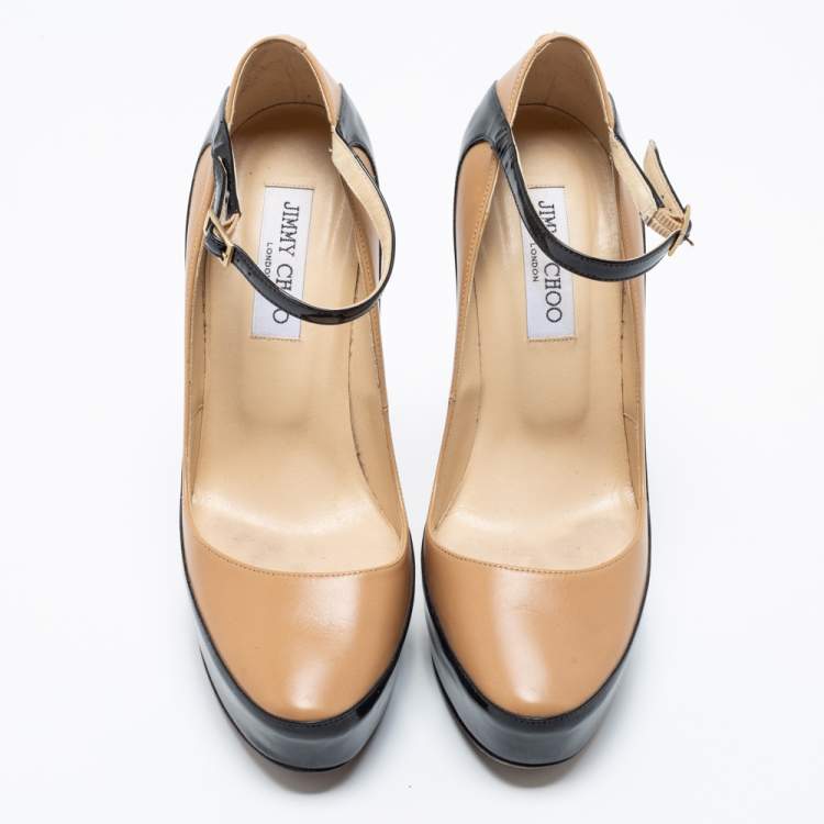 Pre Owned Jimmy Choo Brown/Black Patent And Leather Platform  Pumps Size 39.5