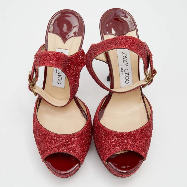 Pre Owned Jimmy Choo Red Glitter Linda Platform Ankle Strap Sandals Size 37.5
