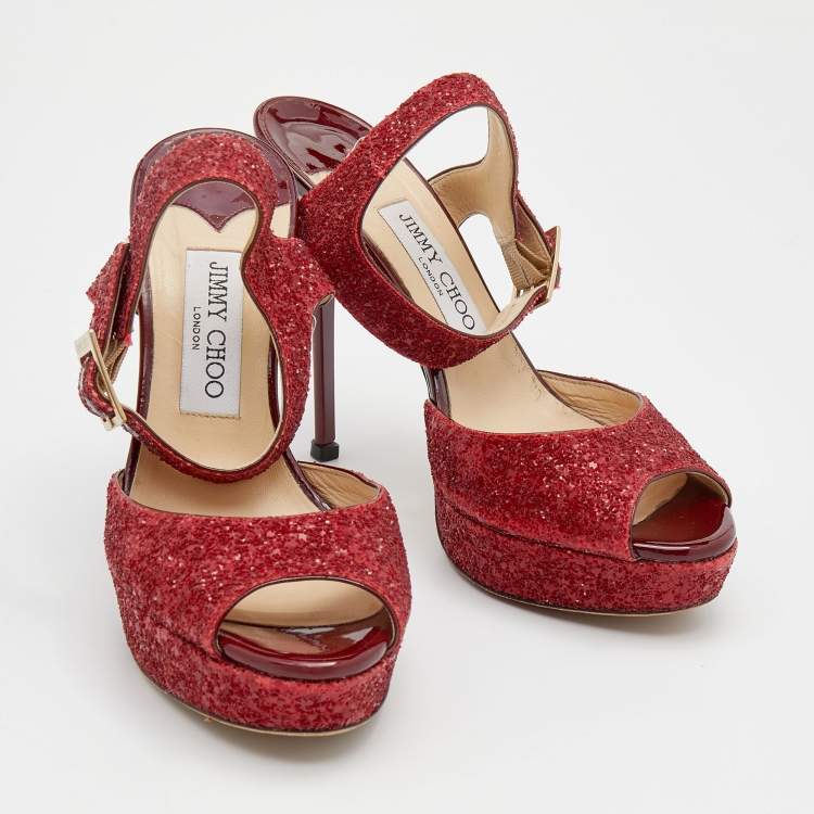 Pre Owned Jimmy Choo Red Glitter Linda Platform Ankle Strap Sandals Size 37.5