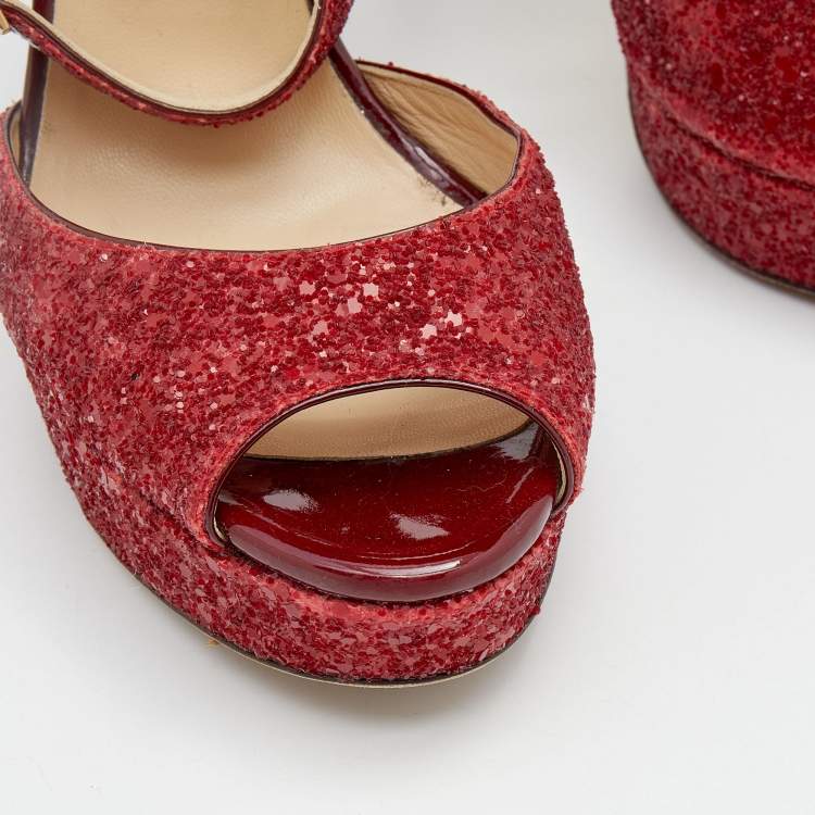 Pre Owned Jimmy Choo Red Glitter Linda Platform Ankle Strap Sandals Size 37.5
