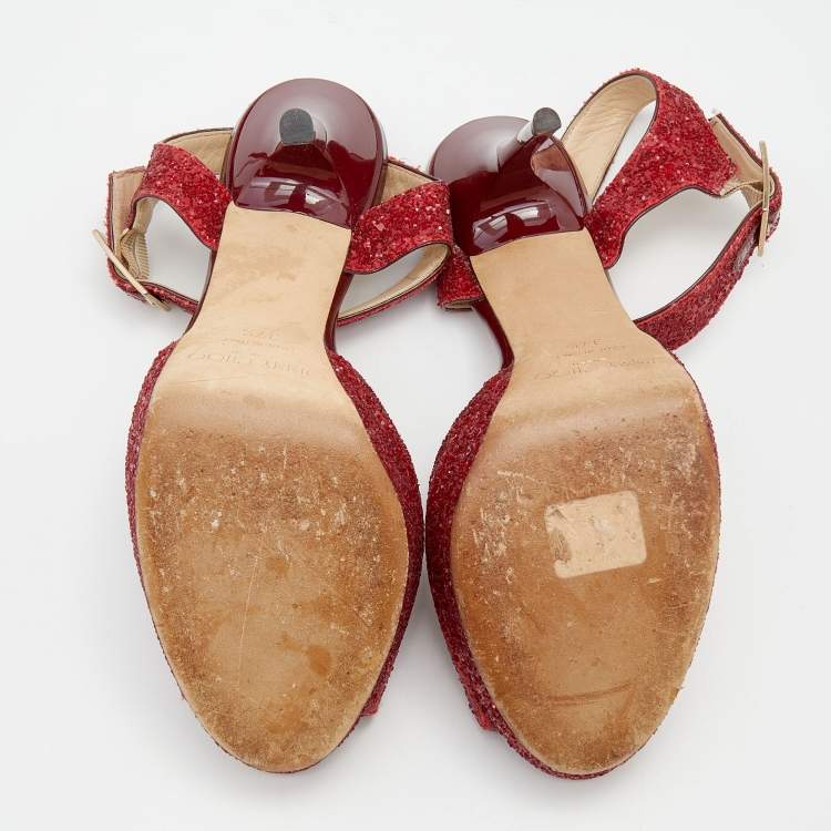 Pre Owned Jimmy Choo Red Glitter Linda Platform Ankle Strap Sandals Size 37.5