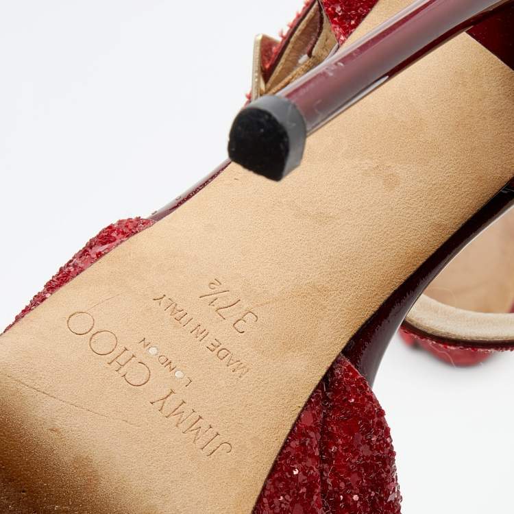 Pre Owned Jimmy Choo Red Glitter Linda Platform Ankle Strap Sandals Size 37.5