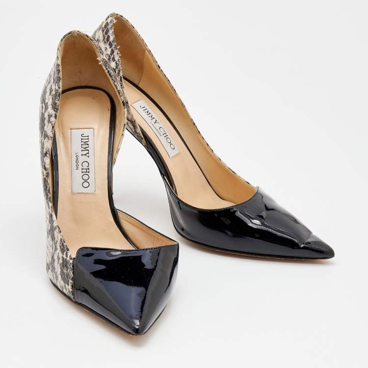 Pre Owned Jimmy Choo Black/White Patent Leather And Python Embossed Leather D'orsay Pumps Size 40.5