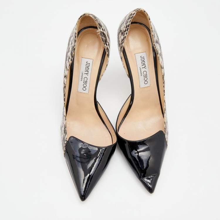 Pre Owned Jimmy Choo Black/White Patent Leather And Python Embossed Leather D'orsay Pumps Size 40.5