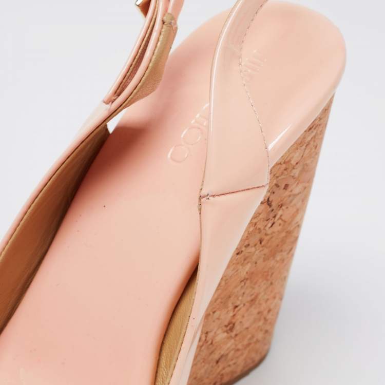 Pre Owned Jimmy Choo Light Pink Patent Leather Peep-Toe Prova Cork Wedge Slingback Sandals Size 38.5
