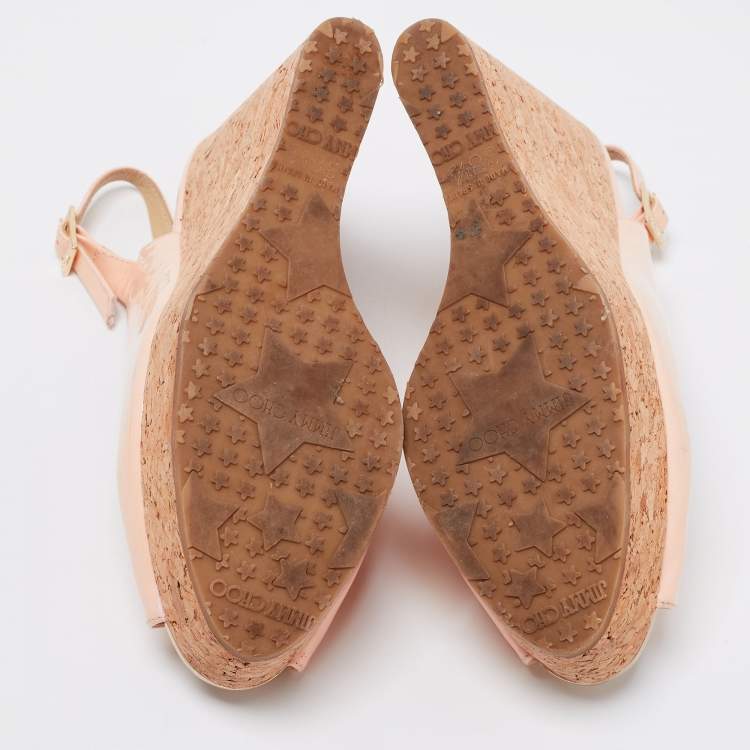 Pre Owned Jimmy Choo Light Pink Patent Leather Peep-Toe Prova Cork Wedge Slingback Sandals Size 38.5