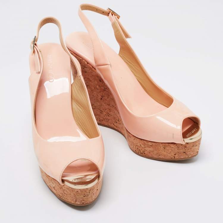 Pre Owned Jimmy Choo Light Pink Patent Leather Peep-Toe Prova Cork Wedge Slingback Sandals Size 38.5