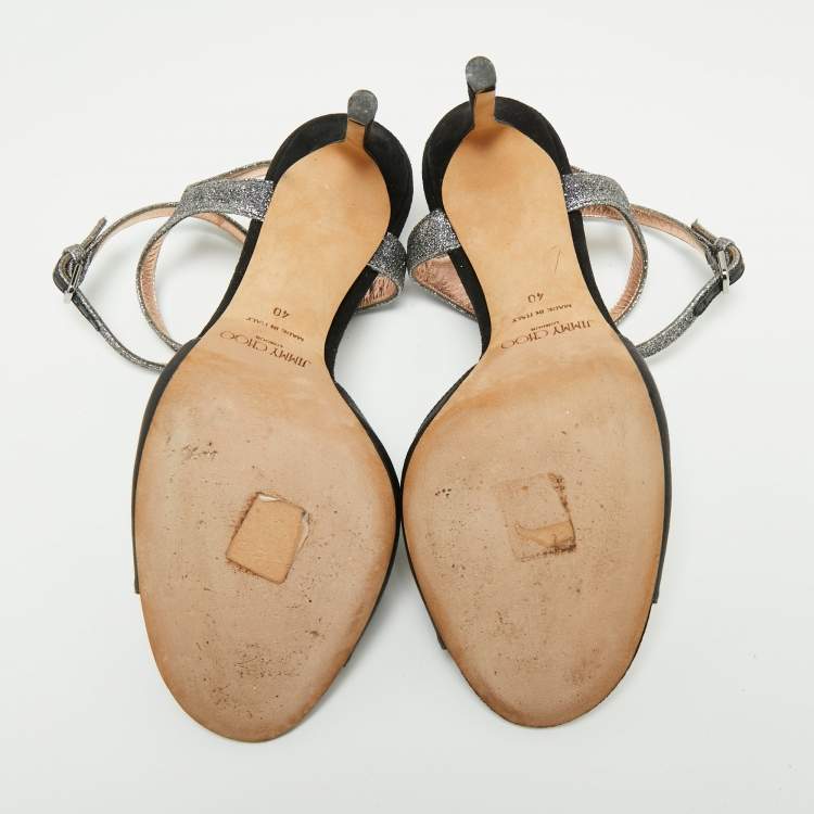 Pre Owned Jimmy Choo Tricolor Satin And Glitter Ankle Strap Sandals Size 40