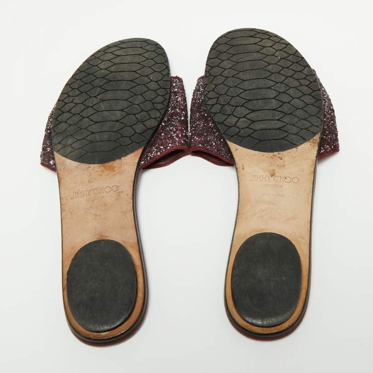 Pre Owned Jimmy Choo Plum Coarse Glitter Nanda Flat Slides Size 40