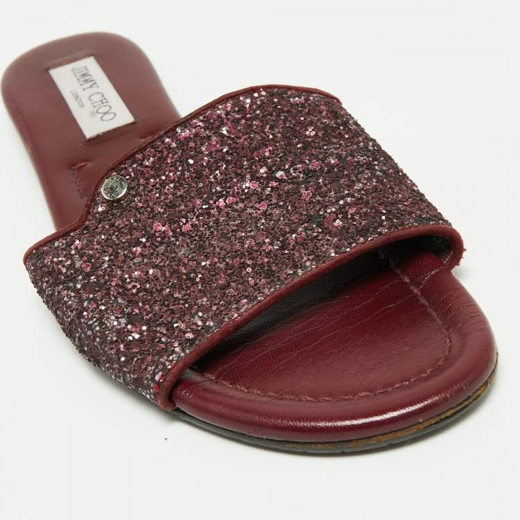 Pre Owned Jimmy Choo Plum Coarse Glitter Nanda Flat Slides Size 40
