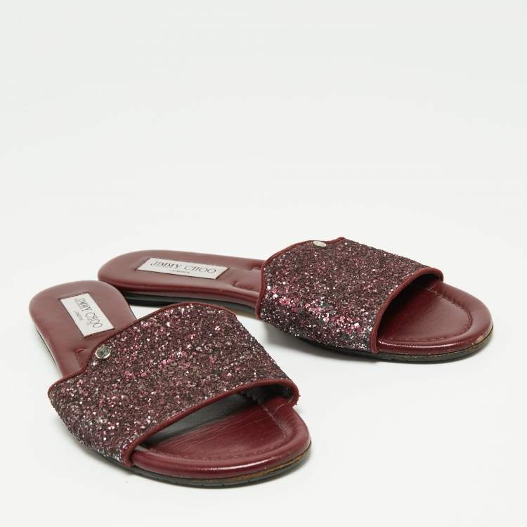 Pre Owned Jimmy Choo Plum Coarse Glitter Nanda Flat Slides Size 40