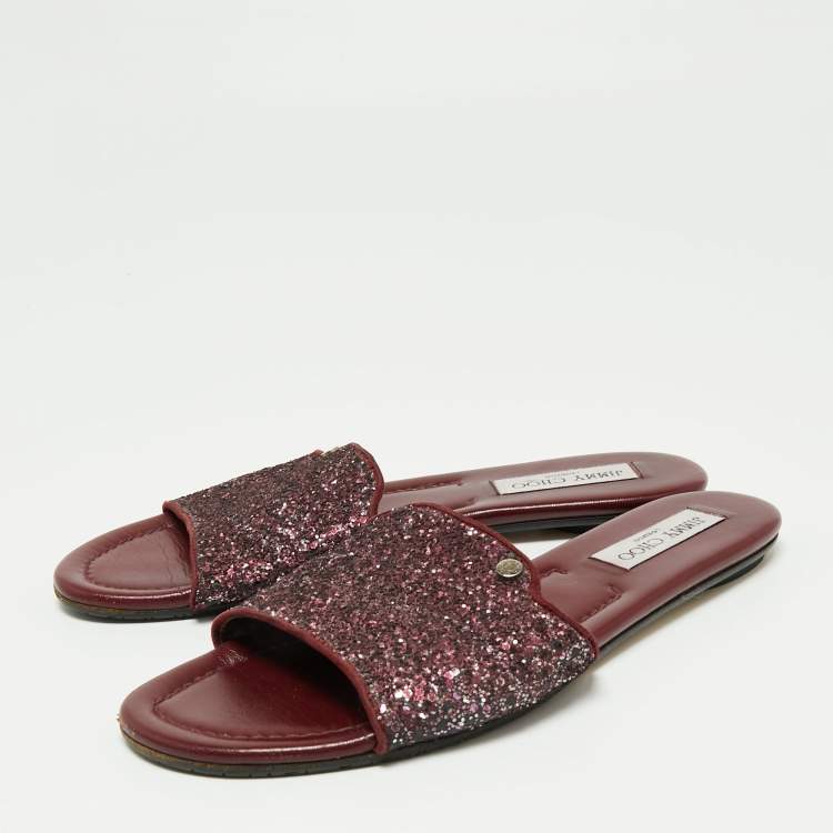 Pre Owned Jimmy Choo Plum Coarse Glitter Nanda Flat Slides Size 40