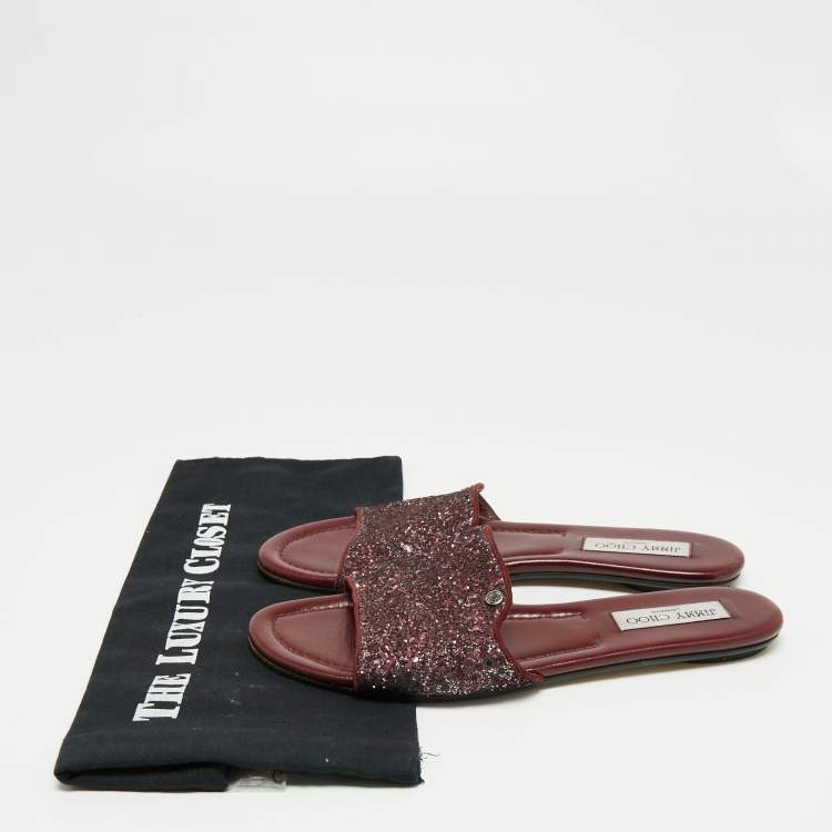 Pre Owned Jimmy Choo Plum Coarse Glitter Nanda Flat Slides Size 40