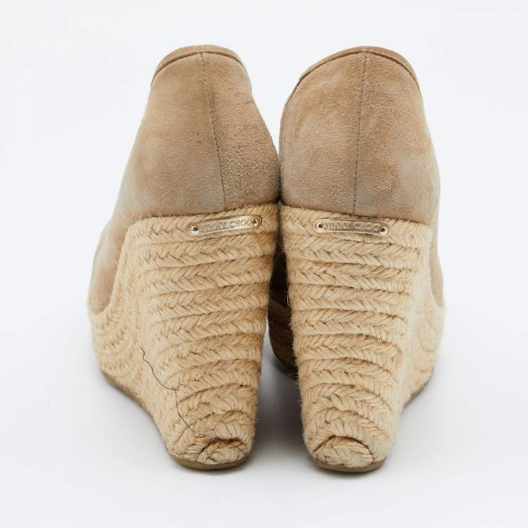 Pre Owned Jimmy Choo Beige Suede Wedge Platform Pumps Size 38.5