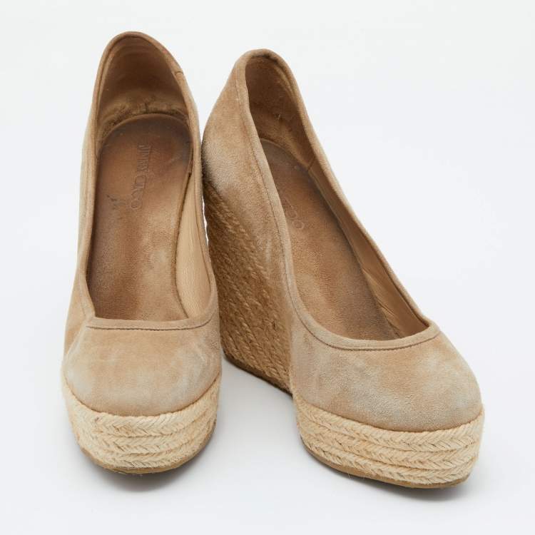 Pre Owned Jimmy Choo Beige Suede Wedge Platform Pumps Size 38.5