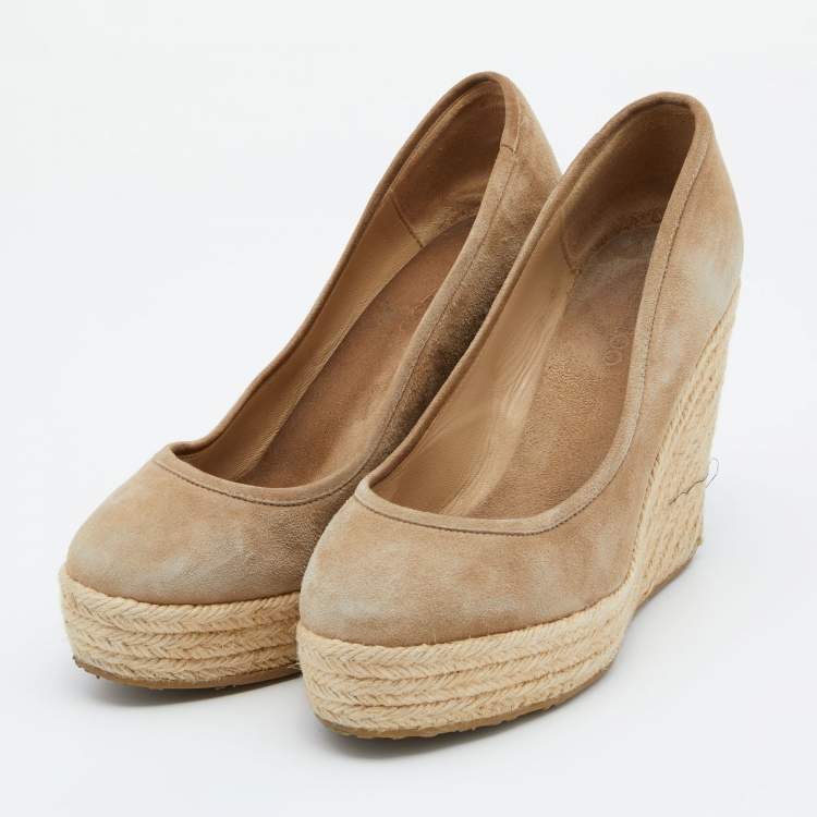 Pre Owned Jimmy Choo Beige Suede Wedge Platform Pumps Size 38.5