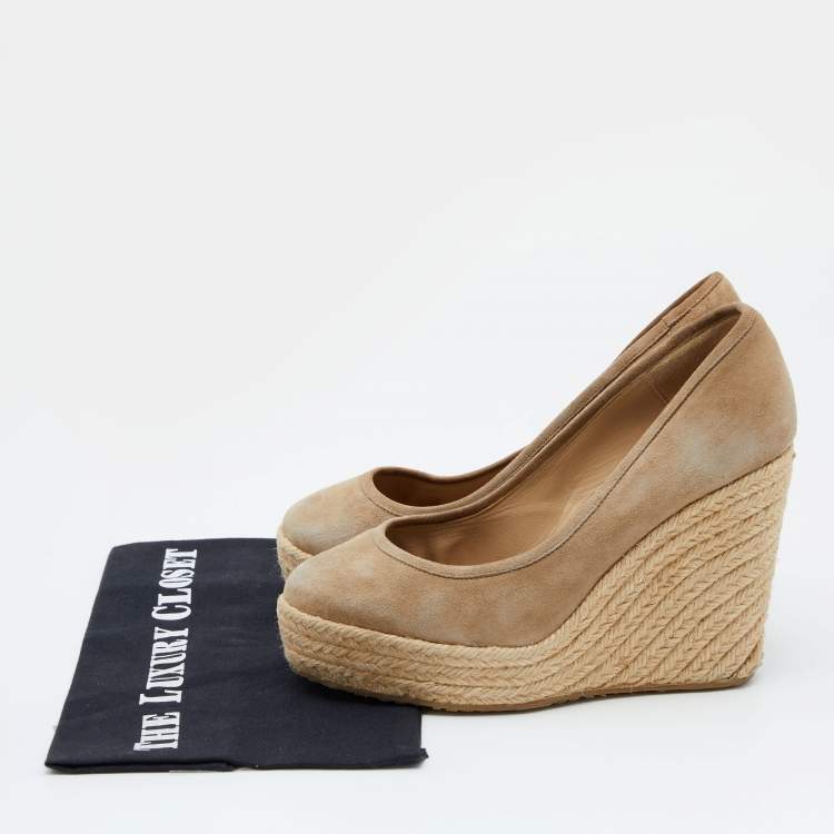 Pre Owned Jimmy Choo Beige Suede Wedge Platform Pumps Size 38.5
