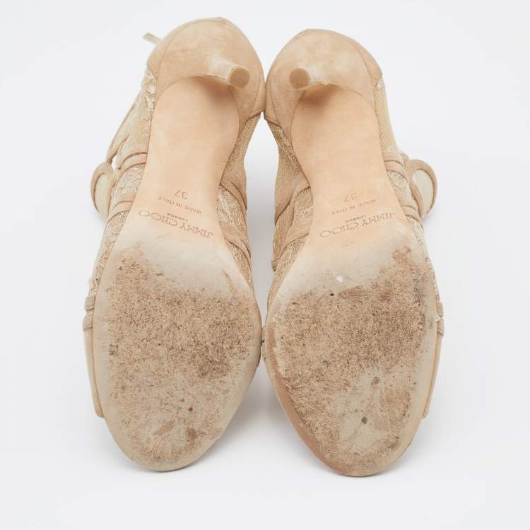 Pre Owned Jimmy Choo Beige Lace and Suede Flaunt Ankle Booties Size 37